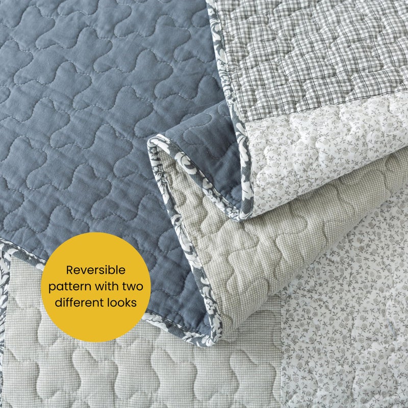 SLPR Sweet Dreams Cotton Quilt Set - Queen Size with 2 Shams, Pieced Patchwork Bedding in Blue and Gray, Country Style Farmhouse Quilted Bedspread - Image 5